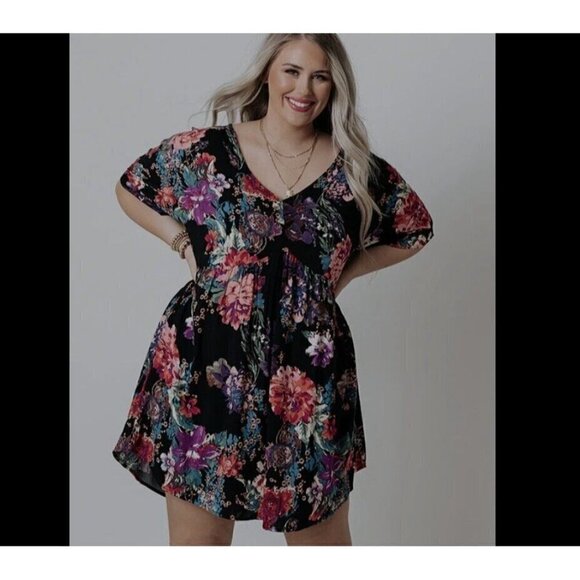 Andree By Unit Black Pink Floral Babydoll Dress Size 1X Short Sleeve V Neck - Picture 2 of 11